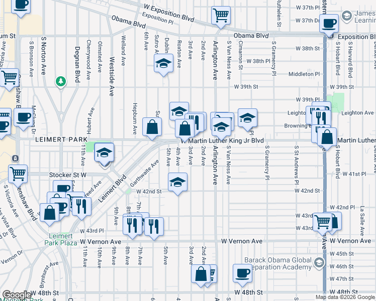 map of restaurants, bars, coffee shops, grocery stores, and more near 4138 3rd Avenue in Los Angeles