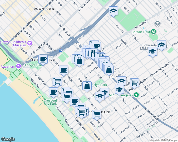 map of restaurants, bars, coffee shops, grocery stores, and more near 614 Grant Street in Santa Monica