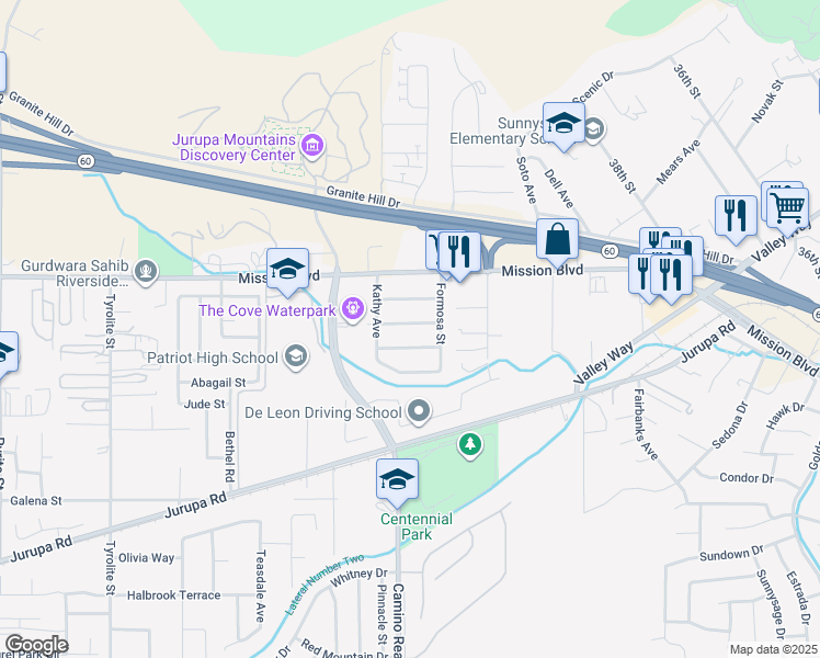 map of restaurants, bars, coffee shops, grocery stores, and more near 7456 Joan Avenue in Riverside