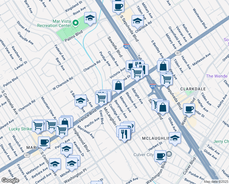 map of restaurants, bars, coffee shops, grocery stores, and more near in Los Angeles