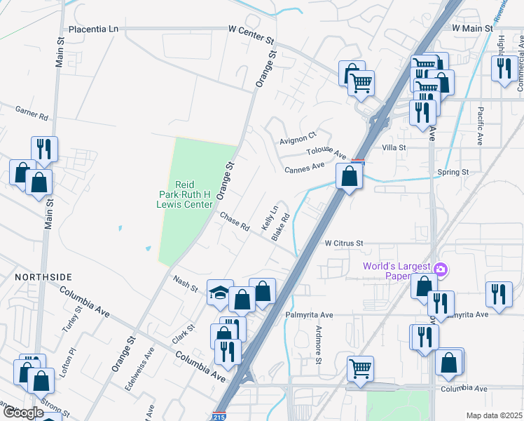 map of restaurants, bars, coffee shops, grocery stores, and more near 782 Forest Park Drive in Riverside