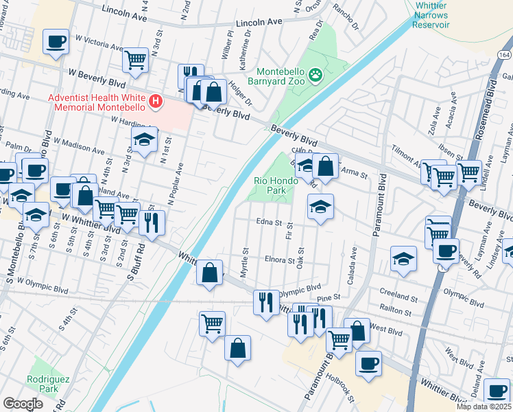 map of restaurants, bars, coffee shops, grocery stores, and more near 8311 Edna Street in Pico Rivera