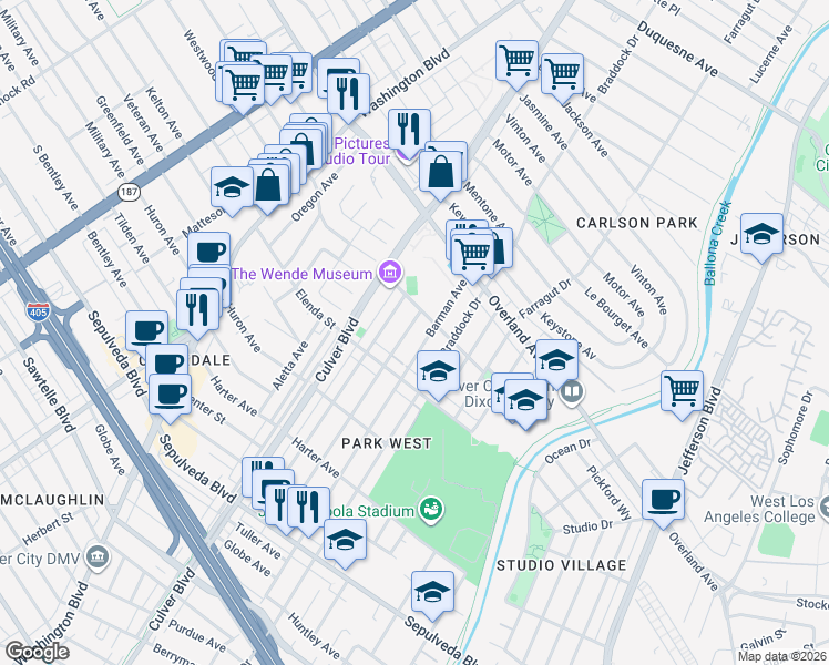 map of restaurants, bars, coffee shops, grocery stores, and more near 10824 Lindblade Street in Culver City
