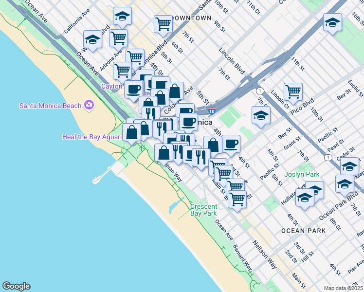 map of restaurants, bars, coffee shops, grocery stores, and more near in Santa Monica