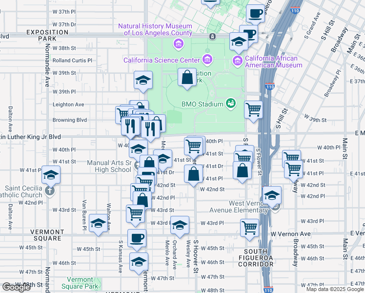 map of restaurants, bars, coffee shops, grocery stores, and more near 831 1/2 West 40th Place in Los Angeles