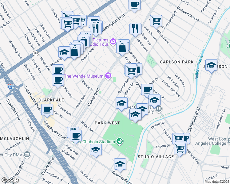 map of restaurants, bars, coffee shops, grocery stores, and more near 10824 Lindblade Street in Culver City
