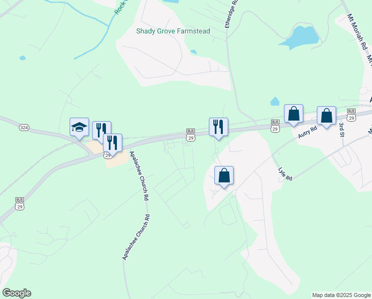 map of restaurants, bars, coffee shops, grocery stores, and more near 76 Auburn Run Lane in Auburn
