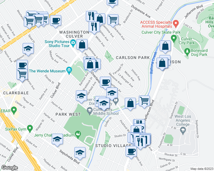 map of restaurants, bars, coffee shops, grocery stores, and more near 4430 Overland Avenue in Culver City