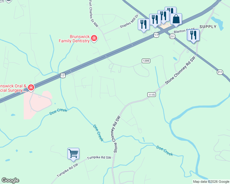 map of restaurants, bars, coffee shops, grocery stores, and more near 375 Stone Chimney Road Southwest in Brunswick County