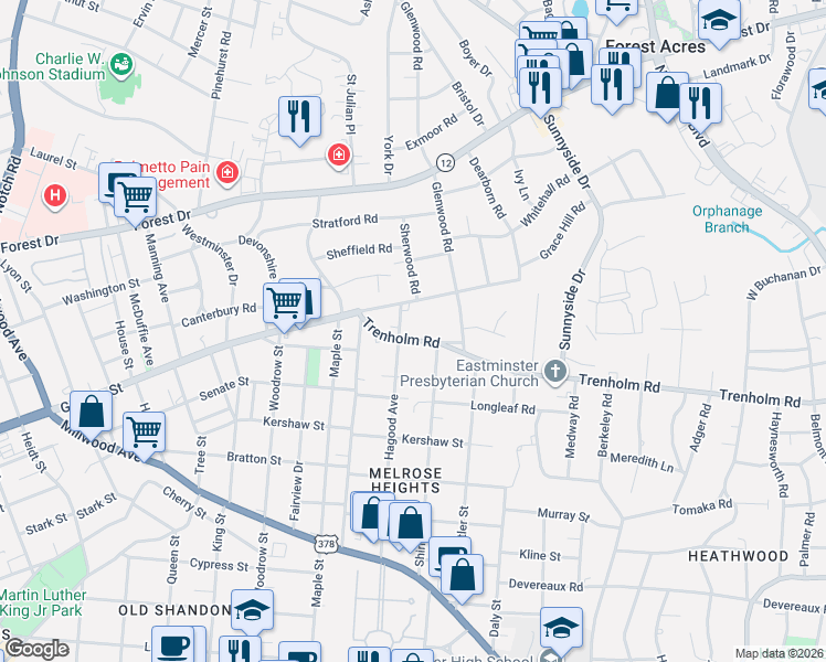 map of restaurants, bars, coffee shops, grocery stores, and more near 2900 Trenholm Road in Columbia