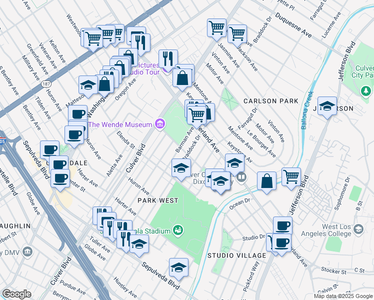 map of restaurants, bars, coffee shops, grocery stores, and more near 10765 Braddock Drive in Culver City