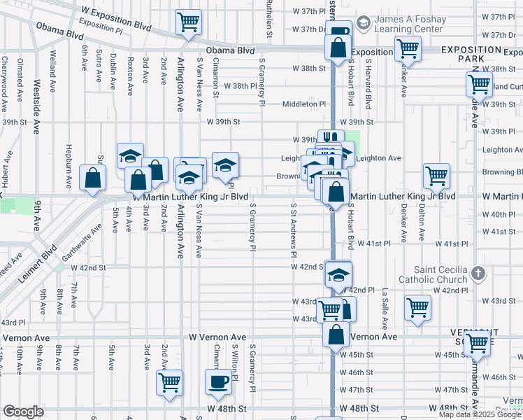 map of restaurants, bars, coffee shops, grocery stores, and more near 1857 West 41st Street in Los Angeles