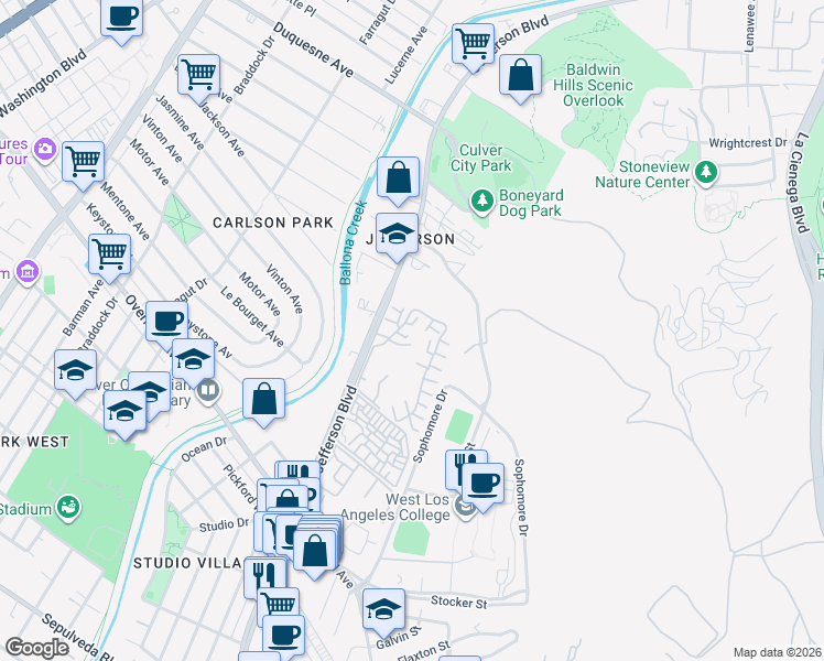 map of restaurants, bars, coffee shops, grocery stores, and more near 4907 Saint Louis Court in Culver City