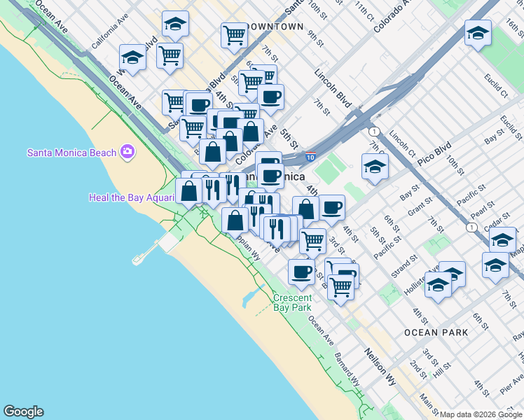 map of restaurants, bars, coffee shops, grocery stores, and more near 1733 Ocean Avenue in Santa Monica