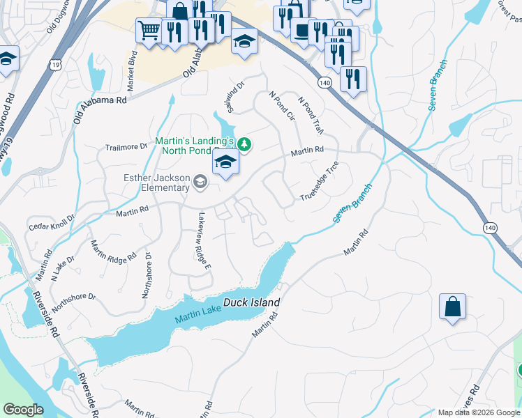 map of restaurants, bars, coffee shops, grocery stores, and more near 392 Teal Court in Roswell