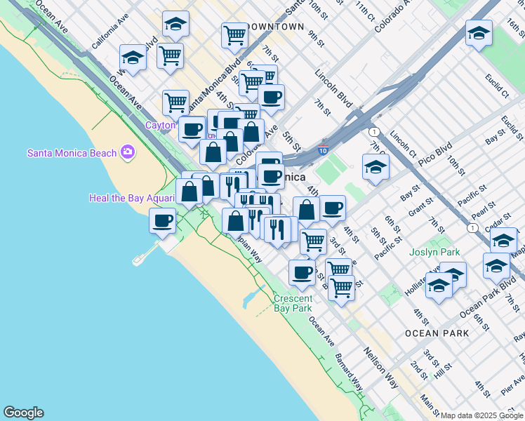 map of restaurants, bars, coffee shops, grocery stores, and more near 1705 Ocean Avenue in Santa Monica