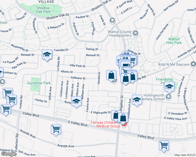 map of restaurants, bars, coffee shops, grocery stores, and more near 18871 Galleano Street in La Puente