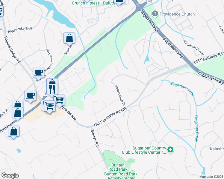 map of restaurants, bars, coffee shops, grocery stores, and more near 2431 Spring Mill Cove Northwest in Duluth