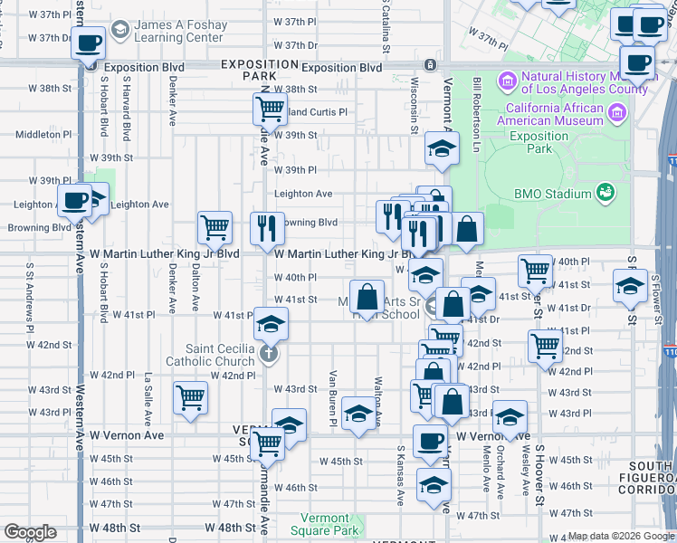 map of restaurants, bars, coffee shops, grocery stores, and more near 4063 South Budlong Avenue in Los Angeles