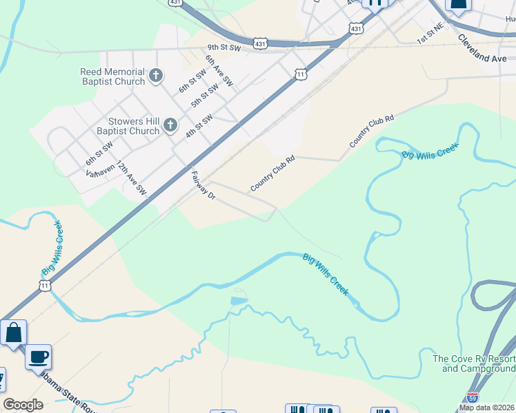 map of restaurants, bars, coffee shops, grocery stores, and more near 207 Fairway Drive in Attalla