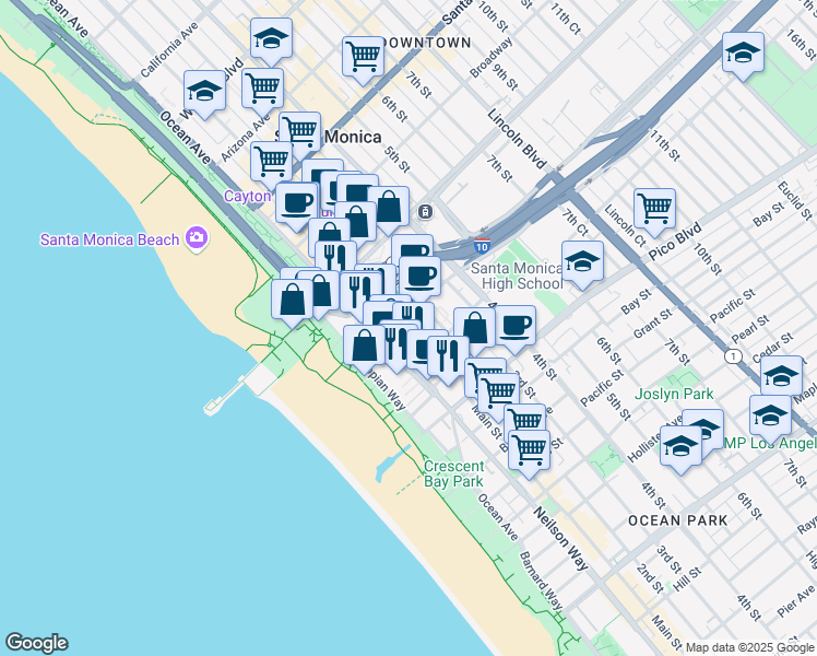 map of restaurants, bars, coffee shops, grocery stores, and more near 1705 Ocean Avenue in Santa Monica