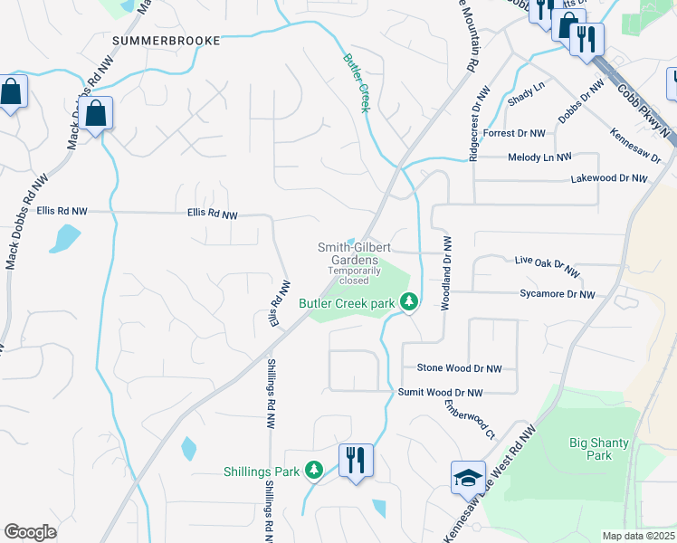 map of restaurants, bars, coffee shops, grocery stores, and more near 2377 Pine Mountain Road in Kennesaw