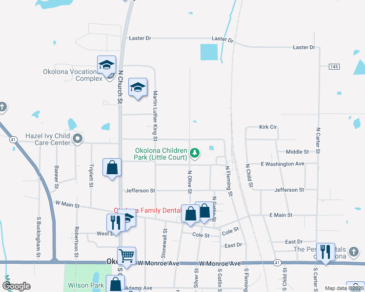map of restaurants, bars, coffee shops, grocery stores, and more near 300-398 W Washington Ave in Okolona