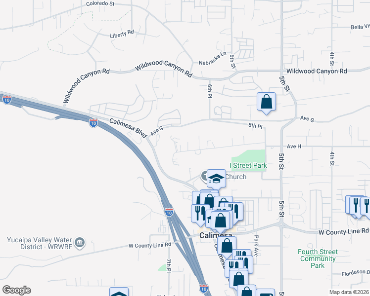 map of restaurants, bars, coffee shops, grocery stores, and more near 33916 Avenue H in Yucaipa
