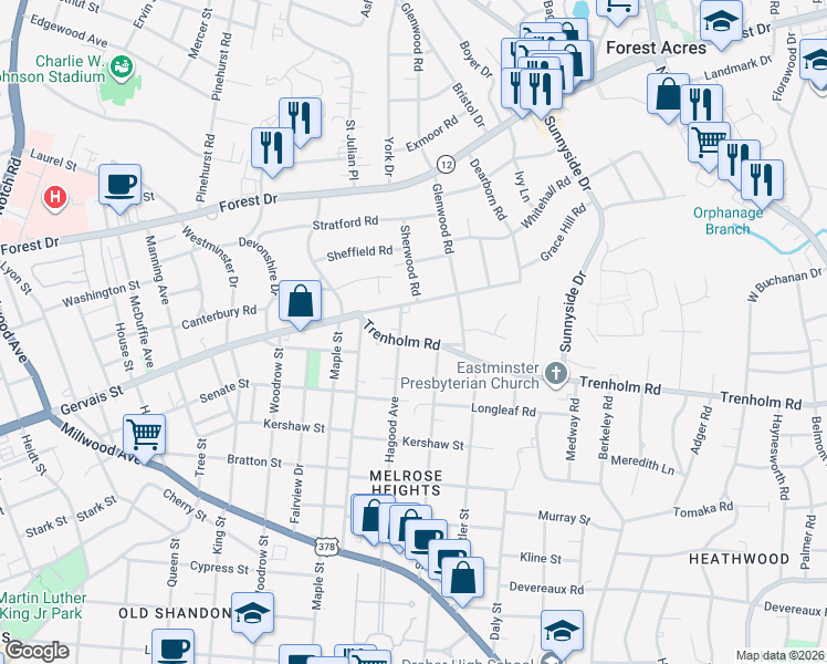 map of restaurants, bars, coffee shops, grocery stores, and more near 2935 Trenholm Road in Columbia