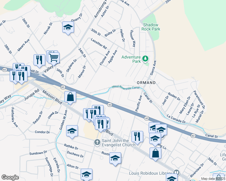 map of restaurants, bars, coffee shops, grocery stores, and more near 6212 Canal Street in Jurupa Valley