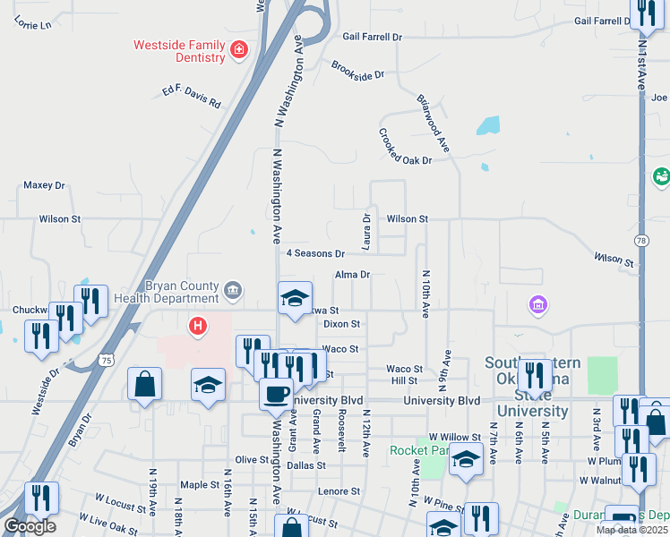 map of restaurants, bars, coffee shops, grocery stores, and more near 1717 Worley Drive in Durant