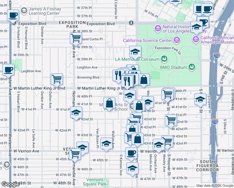 map of restaurants, bars, coffee shops, grocery stores, and more near 1106 West 40th Place in Los Angeles