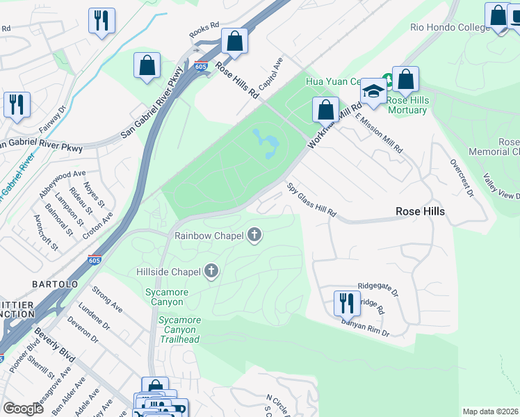 map of restaurants, bars, coffee shops, grocery stores, and more near 4512 Workman Mill Road in Whittier