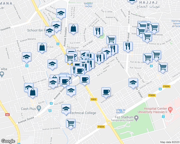 map of restaurants, bars, coffee shops, grocery stores, and more near Rue Torino in Fès