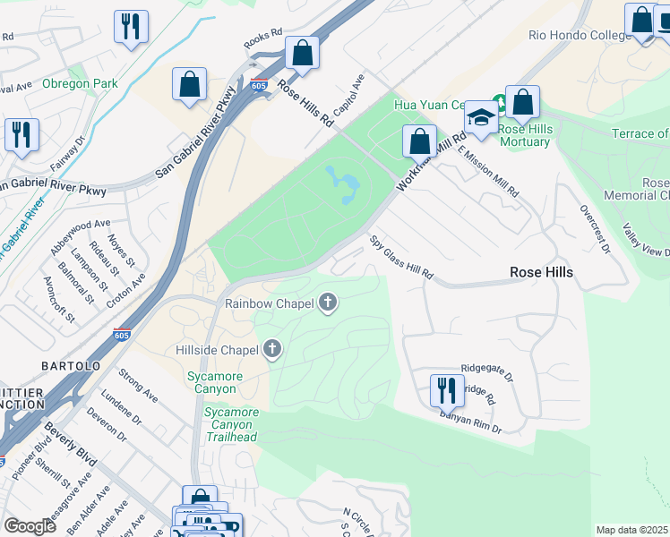 map of restaurants, bars, coffee shops, grocery stores, and more near 4512 Workman Mill Road in Whittier