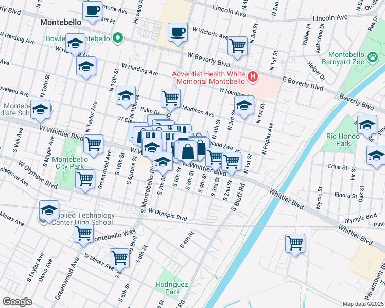 map of restaurants, bars, coffee shops, grocery stores, and more near 511 West Whittier Boulevard in Montebello
