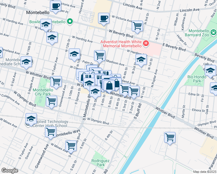 map of restaurants, bars, coffee shops, grocery stores, and more near 511 West Whittier Boulevard in Montebello