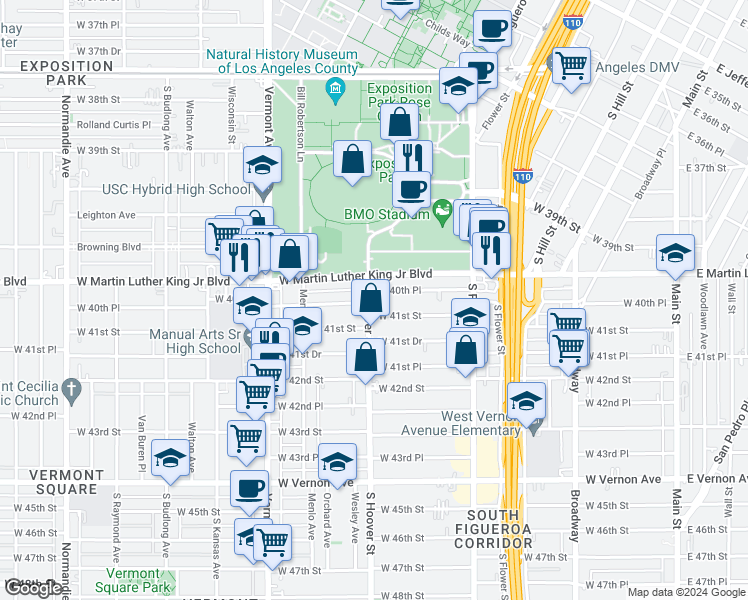 map of restaurants, bars, coffee shops, grocery stores, and more near 4104 South Hoover Street in Los Angeles