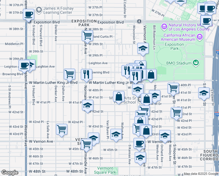 map of restaurants, bars, coffee shops, grocery stores, and more near 4063 South Budlong Avenue in Los Angeles