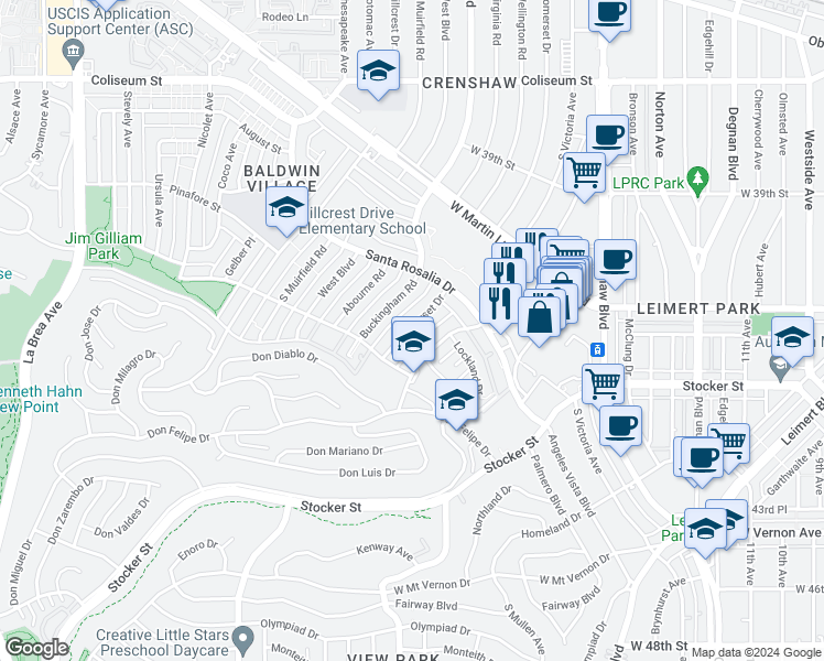 map of restaurants, bars, coffee shops, grocery stores, and more near 4183 Marlton Avenue in Los Angeles