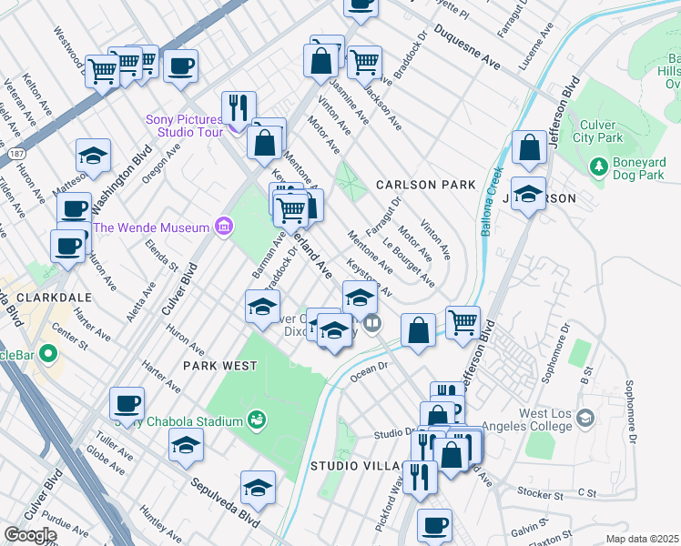 map of restaurants, bars, coffee shops, grocery stores, and more near 4464 Overland Avenue in Culver City