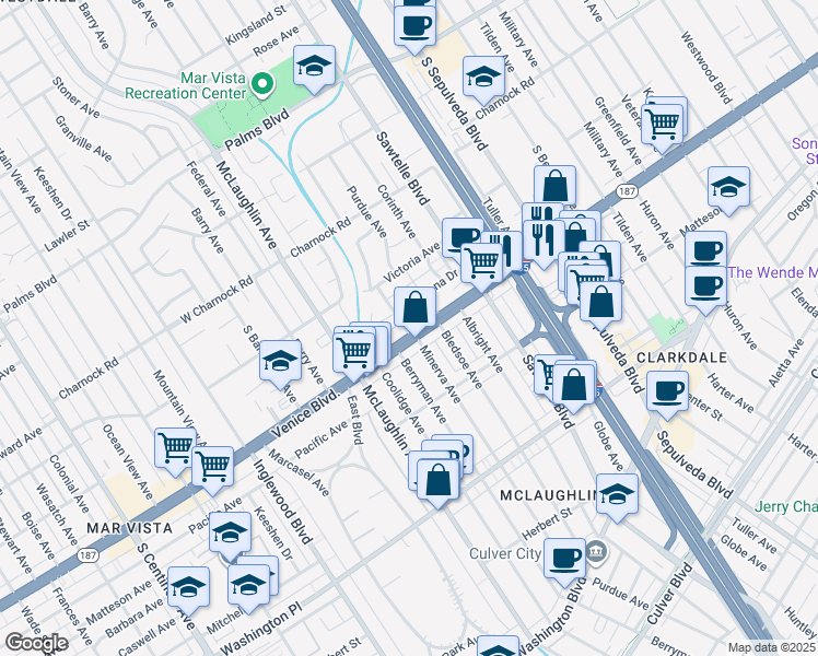 map of restaurants, bars, coffee shops, grocery stores, and more near 3816 Minerva Avenue in Los Angeles