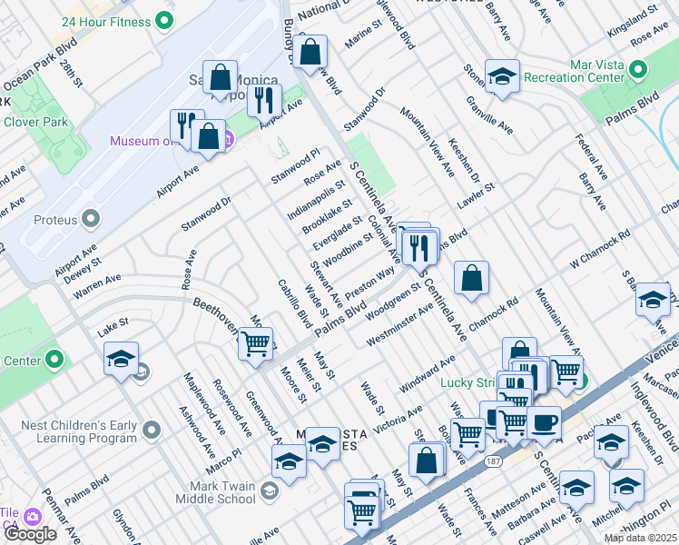 map of restaurants, bars, coffee shops, grocery stores, and more near 3457 Stewart Avenue in Los Angeles