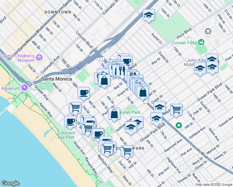 map of restaurants, bars, coffee shops, grocery stores, and more near 614 Grant Street in Santa Monica