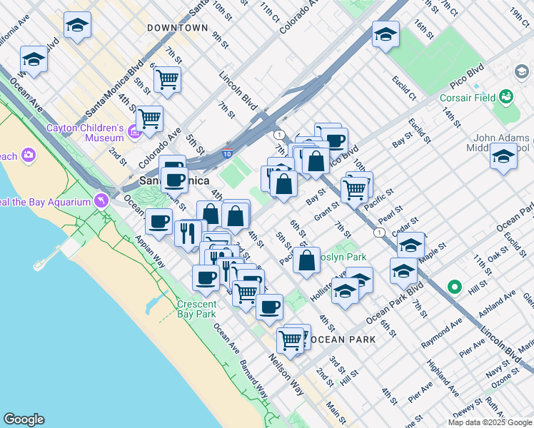 map of restaurants, bars, coffee shops, grocery stores, and more near 1917 4th Street in Santa Monica