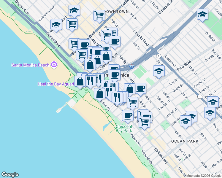 map of restaurants, bars, coffee shops, grocery stores, and more near in Santa Monica