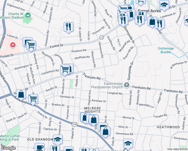 map of restaurants, bars, coffee shops, grocery stores, and more near 2900 Trenholm Road in Columbia