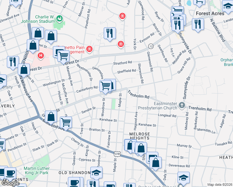 map of restaurants, bars, coffee shops, grocery stores, and more near 2729 Kirby Street in Columbia
