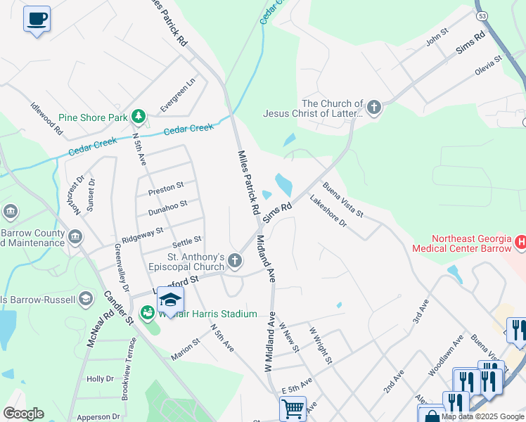 map of restaurants, bars, coffee shops, grocery stores, and more near 137 Sims Road in Winder