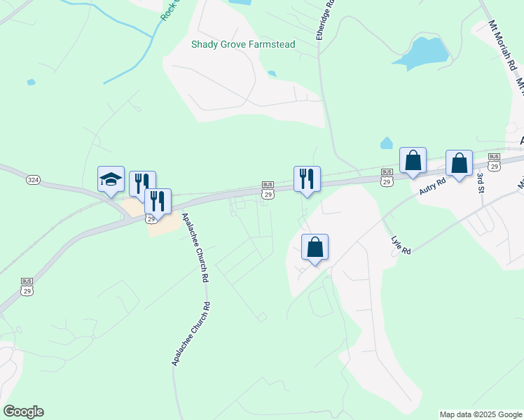 map of restaurants, bars, coffee shops, grocery stores, and more near 76 Auburn Run Lane in Auburn